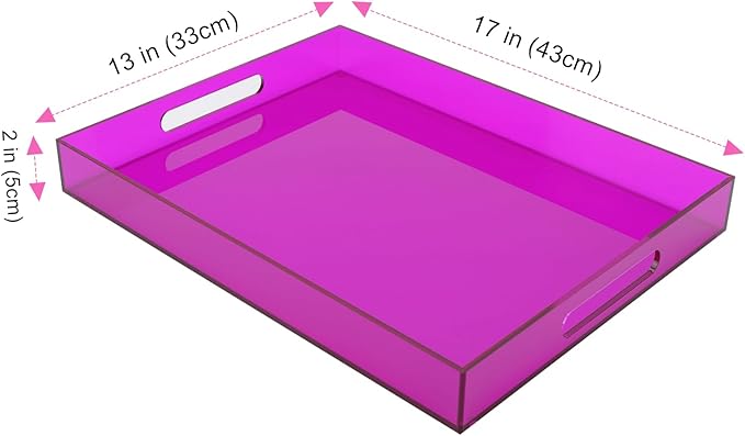 Large Acrylic Tray Ottoman Coffee Table Tray with Handles 17x13'' Decorative Serving Platter for Food Tea Dinner Snack Eating Bar Party, Purple