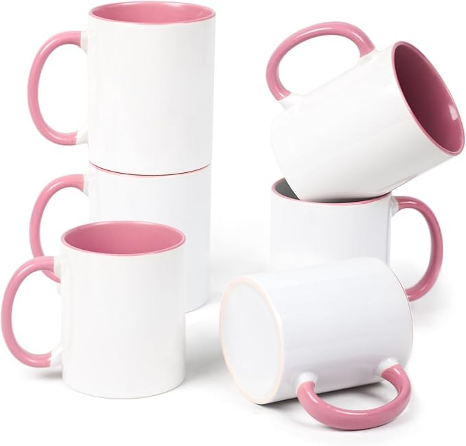 11oz White Ceramic Sublimation Coffee Mug With Solid Colors Inside and Handle Pink,come with individual white gift box, Case of 36