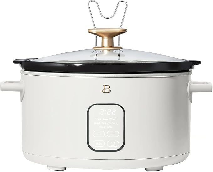 Beautiful 6 Qt Programmable Slow Cooker by Drew Barrymore - 5 Preset Cooking Functions, Digital Countdown Timer, Dishwasher-Safe Parts, and Cool-Touch Handles (White)