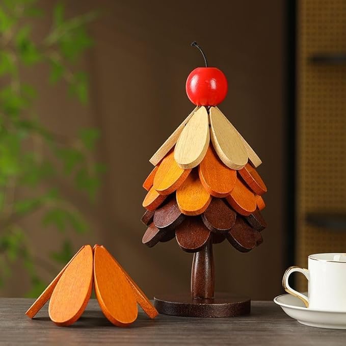 Christmas Tree Trivet Set of 5, Foldable Bamboo Hot Pad Holder for Hot Pots/Pans/Dishes, Walnut Brown Kitchen Serving Tray, Holiday Table Decor (Rainbow-Colored)