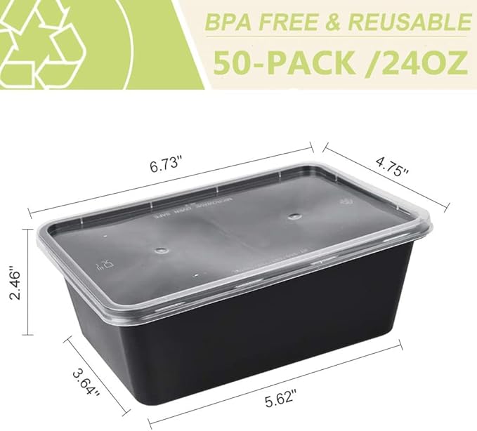 50-Pack Meal Prep Containers, 26 OZ Microwavable Reusable Food Containers with Lids for Food Prepping, Disposable Lunch Boxes, Plastic Food Boxes- Stackable, Freezer Dishwasher Healthy