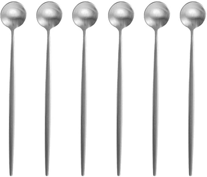Silver 18/10 Stainles Steel Long Handle Ice Cream Spoon, Latte Spoon, Cocktail Stirring Spoons, Matte Finish, Dishwasher Safe, Pack of 6