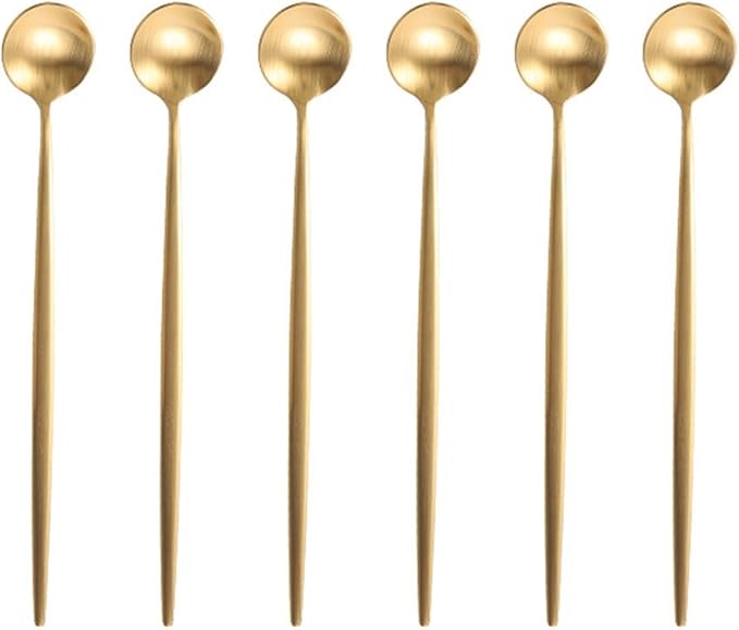 Gold 18/10 Stainles Steel Long Handle Ice Cream Spoon, Latte Spoon, Cocktail Stirring Spoons, Matte Finish, Dishwasher Safe, Pack of 6