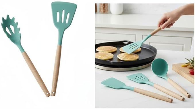 Silicone Cooking Spoons, 4-Piece Nonstick Utensil Set with Acacia Wood Handles - Heat-Resistant for Frying, Serving & Turning Spatula