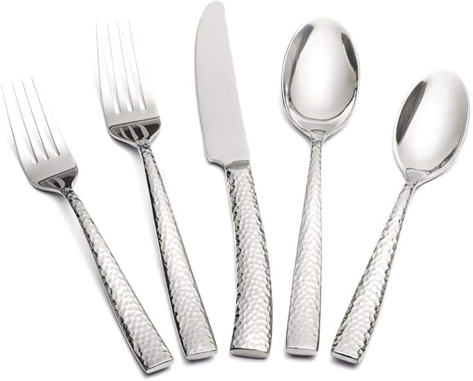Hand Forged Stainless Steel Flatware Set Silverware Set Cutlery Set Hammered Pattern 5 Pieces Service for 1
