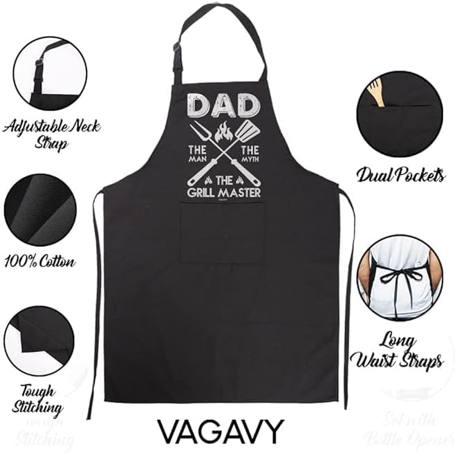 100% Cotton, Black Funny Aprons for Men, Dad, Husband - Birthday, Father’s Day Grilling Gifts for Papa, Husband.