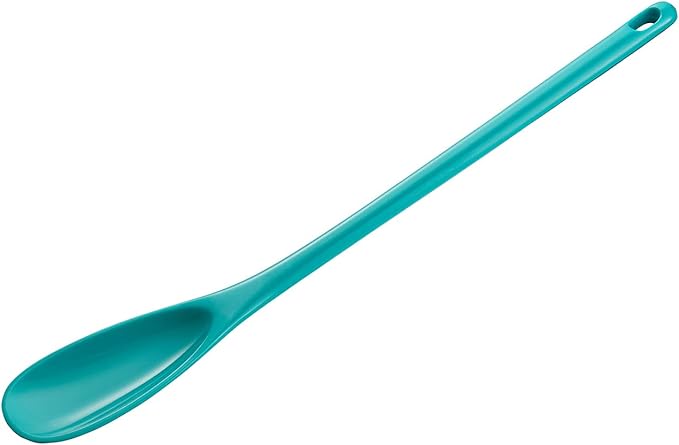 Hutzler 6-piece Melamine Cooking Utensils Set, Includes a 12-inch Long Slotted Spoon, Solid Spoon, Mixing Spoon, Slotted Turner, Soup Ladle, and Storage Crock, Turquoise