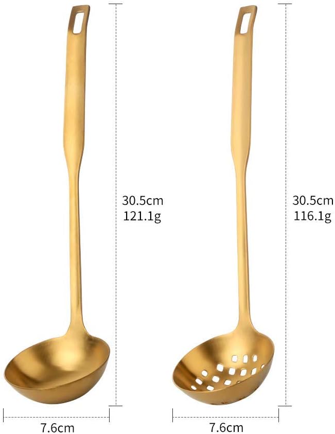 2 Pieces Gold Metal Soup Ladle Colander Set, Long Handle Stainless Steel Kitchenware Cookware Serving Spoon Cooking Utensil for Hotpot