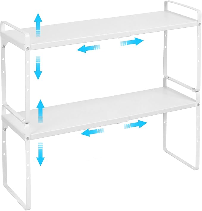 15.5 to 25.5 Inch Expandable Kitchen Cabinet Organizer Shelf, 30 LBS Heavy Duty Stackable Kitchen Counter Storage Shelves Organizers, 2 Pack Adjustable Small Storage Shelf Rack for Cabinet Cupboard