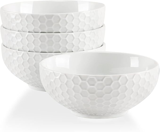 White Porcelain Small Bowls, 4.3 inch Honeycomb Grids Bowls for Ice Cream Yogurt Dessert Fruits 8 Ounce Bowl Set for Food Prep Rice Small Sid
