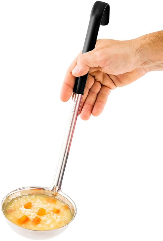Restaurantware Met Lux 12 Ounce Soup Ladle 1 Hook Handle Serving Spoon - With Black Handle Dishwashable Stainless Steel Cooking Ladle For Pouring And Cooking Perfect for Soup Chilli Or Batter