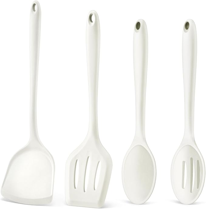 P&P CHEF Kitchen Utensil Set, 4 Pieces Non-stick Silicone Cooking Utensils, Heat-resistant Slotted Solid Spoon Turner for Frying, Mixing, Serving, Non-toxic & Easy to Clean, White