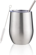 12 oz Insulated Wine Tumbler with Lid and Straw,Stainless Steel Stemless Wine Tumbler Glasses Double Wall Vacuum Wine Cups Tumbler for Coffee,Champaign,Cocktail,Office（Silver,1）