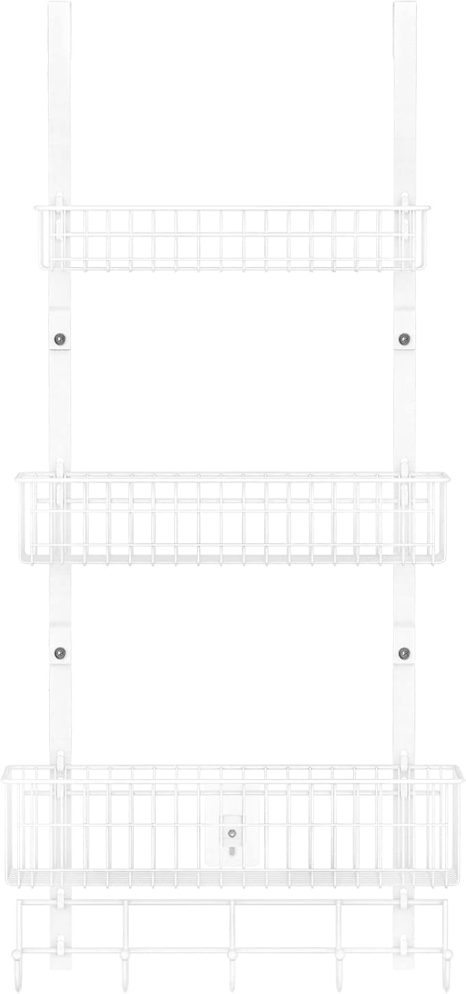 ETELI Over The Door Basket Organizer with 3 Mesh Baskets and 5 Hooks Heavy Duty Pantry Door Organizer Back of Door Storage Rack for Bathroom, Kitchen, Office, White