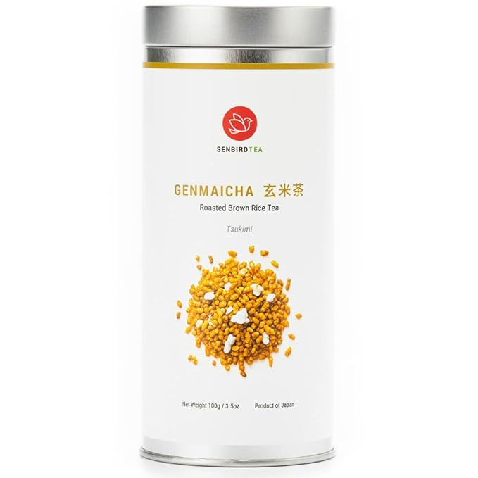 Senbird Premium Genmaicha, Caffeine-Free Japanese Mochi Rice Tea from Hokkaido Japan, Herbal Tea in Airtight Tin, 100g (3.5oz)