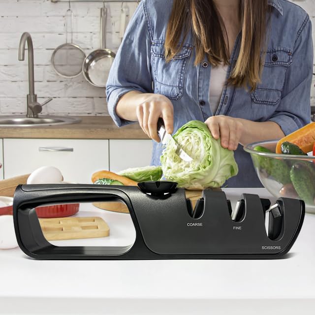 Knife Sharpener, Coarse and Fine Slots, Scissor Sharpening Slot