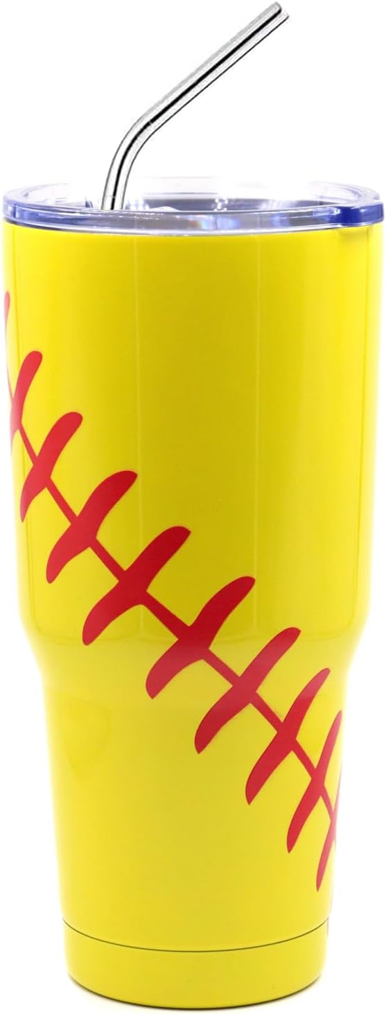 FMYWZS 30 oz Softball Tumbler, Double Wall Vacuum Insulated Stainless Steel Cup Travel Mug with Lid and Straw, Softball Accessories Stuff Gifts for Mom Men Boys Girls