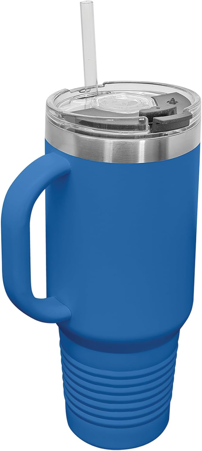 LaserGram 40oz Vacuum Insulated Travel Mug with Handle, Tiki Statue, Personalized Engraving Included (Dark Blue)