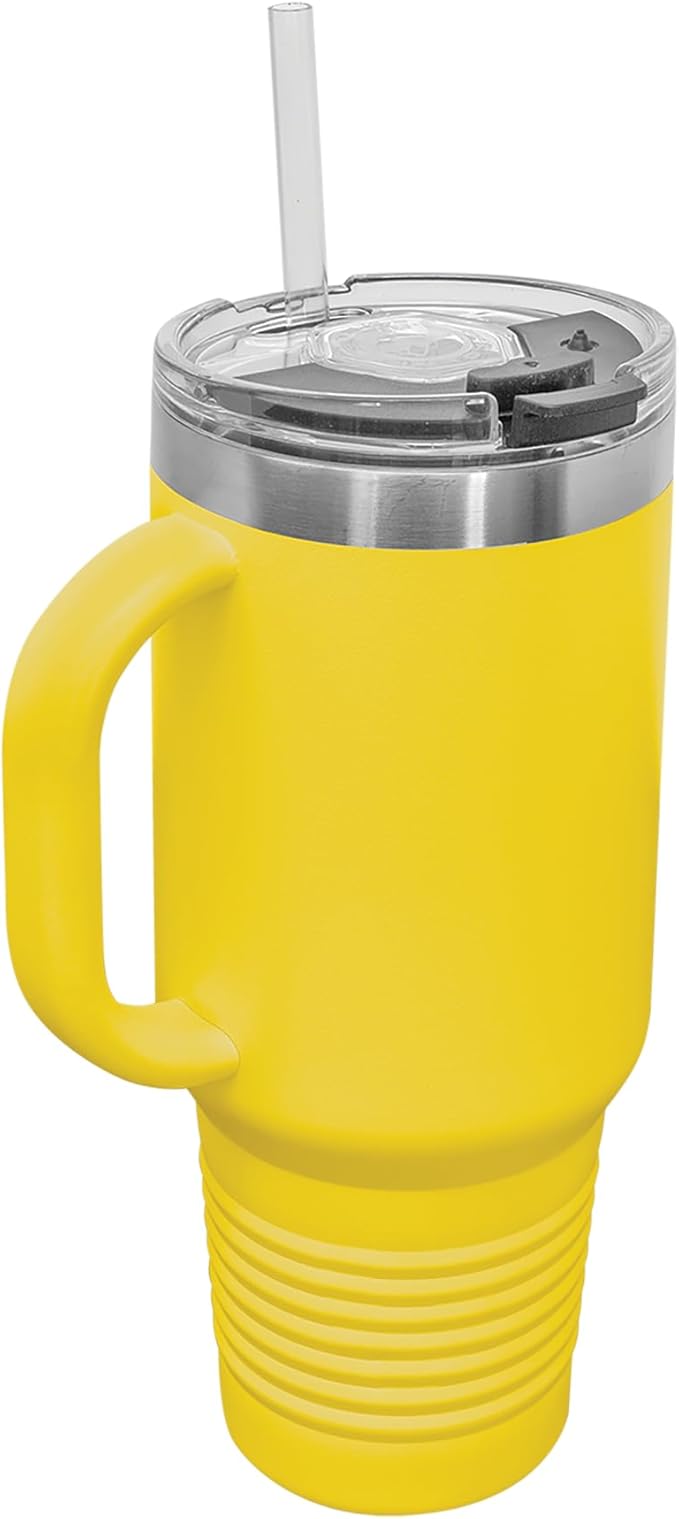 LaserGram 40oz Vacuum Insulated Travel Mug with Handle, Tiki Statue, Personalized Engraving Included (Yellow)
