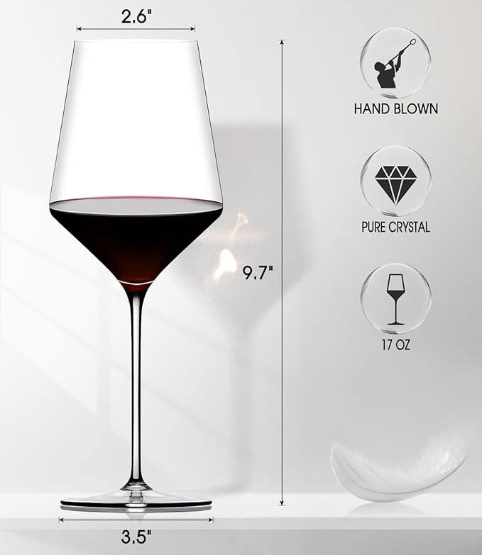 OJA Red Wine Glasses Set of 6, Premium Crystal Wine Glasses Hand Blown, 17 oz, Long Stem, Thin Rim, Perfect for Daily Use, Unique Wedding Anniversary or Birthday Gift