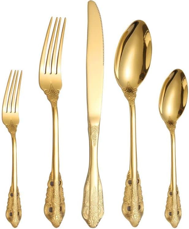 Royal Silverware Gold Retro Stainless Steel Flatware 40 Piece Forks Knives and Spoons Heavy Duty Kitchen Utensil Daily Use Festival Parties