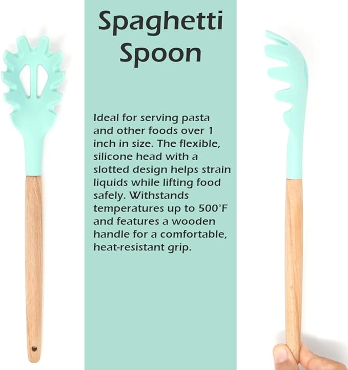 3-Piece Silicone Kitchen Utensil Set - 10" Stainless Steel Tongs, 12.5" Silicone Spatula & Spaghetti Spoon, Heat-Resistant to 500°F, Wood Handles, Non-Scratch, Hanging Loop (Green)