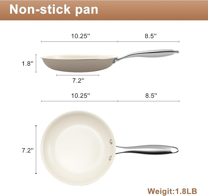 10.25 Inch Ceramic Nonstick Frying Pan Skillet - PFAS-Free, Non-Toxic, Oven Safe & Induction Ready, Aluminum Cookware with Stainless Steel Handle