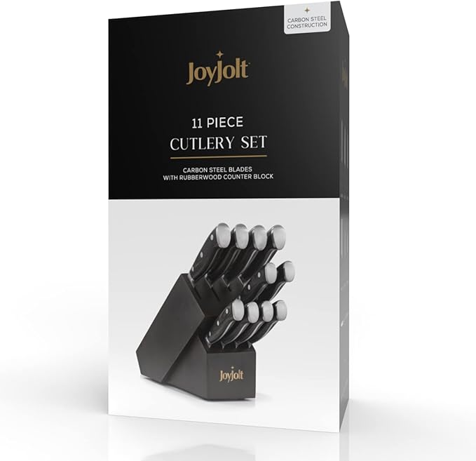 JoyJolt 11pc Kitchen Knife Set with Block. High Carbon, x50 German Steel Knives Set for Kitchen with Chef, Bread, Slicing, Nakiri, Utility, Paring and 4pc Steak Knife Set for Black Kitchen Decor