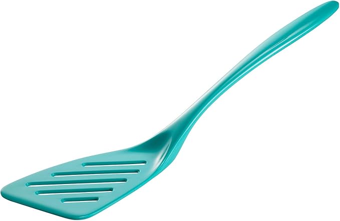 Hutzler 6-piece Melamine Cooking Utensils Set, Includes a 12-inch Long Slotted Spoon, Solid Spoon, Mixing Spoon, Slotted Turner, Soup Ladle, and Storage Crock, Turquoise
