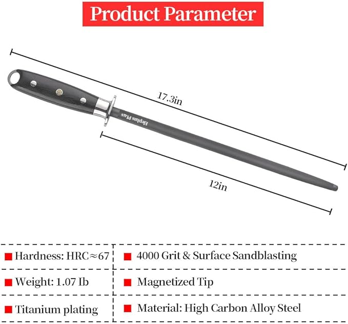 12 Inch Black Honing Rod, Sharpening Steel for Kitchen Knives – 12" Honing Steel – Craftsman Selection Series Handle Design Knife Sharpener