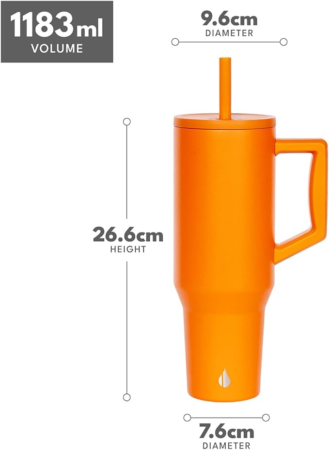 Elemental 40 oz Tumbler with Handle and Straw - Spill Proof Insulated Stainless Steel Commuter for Hot and Cold Beverages - Travel Coffee Mug with 2 Straws & Spill Proof Lid - 40oz - Orange