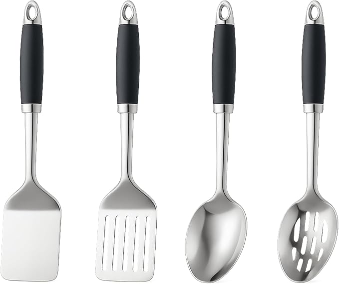 4 Pcs Stainless Steel Kitchen Utensils, Cooking Utensils Set, Includes Solid Spatula, Slotted Spatula, Cooking Spoon, Slotted Spoon, Suitable for various cooking needs