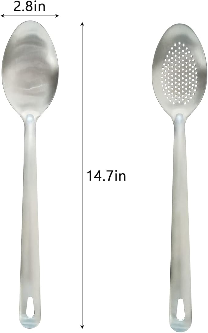 Cooking Spoon Set, 2Pcs 14.7" Stainless Steel Large Serving Spoons, Solid & Slotted Spoons for Restaurant, Metal Kitchen Utensils