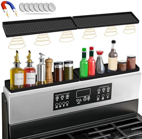BFONS 30" Magnetic Stove Top Shelf Spice Rack Storage, Silicone Top Heat Material Stove Rack Seasoning Organizer Kitchen Gadgets Kitchen Organization（Black）