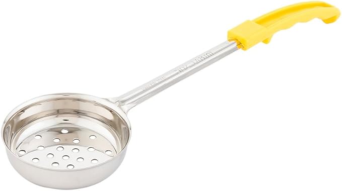 Restaurantware Met Lux 5 Ounce Portion Ladle 1 Perforated Portion Serving Spoon - Yellow Handle Dishwashable Stainless Steel Slotted Serving Utensil Multipurpose For Serving Pasta