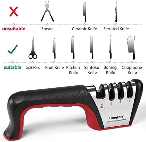 Longzon 4-in-1 Knife Sharpener [4 Stage] with a Pair of Cut-Resistant Glove, Original Premium Polish Blades, Best Kitchen Knife Sharpener Really Works for Fruit and Steel Knives, Scissors