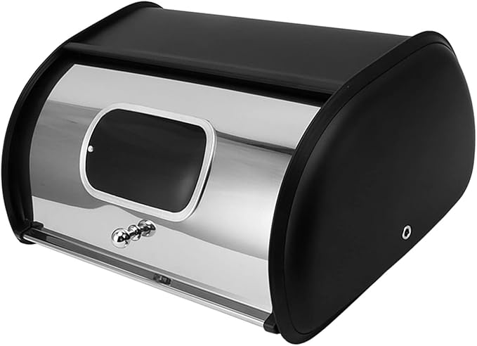 Metal Bread Box, Bread Bin Holder Storage Container With Small Window Roll Top Lid, Large Bread Food Storage Organizer for Kitchen Countertop (Black)