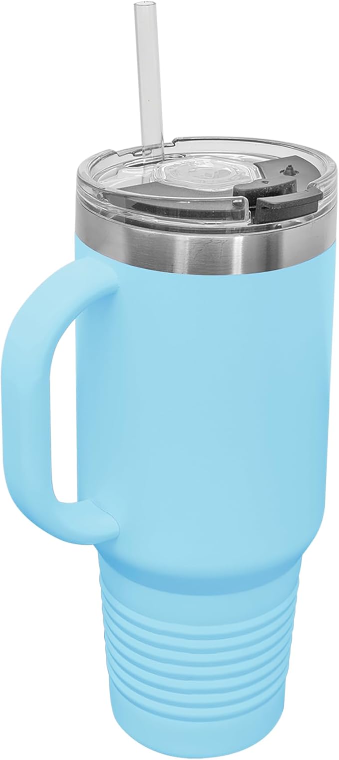 LaserGram 40oz Vacuum Insulated Travel Mug with Handle, Tiki Statue, Personalized Engraving Included (Light Blue)