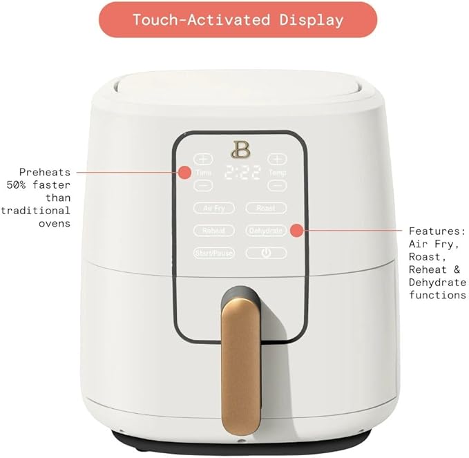 Beautiful 6-Quart Digital Air Fryer, TurboCrisp Technology, Touch-Activated Display, 1750W, 90–400°F, Dishwasher-Safe Basket