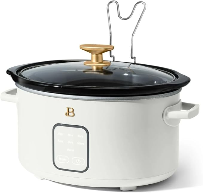 Beautiful by Drew Barrymore 4Qt Slow Cooker, Touch-Activated Display, 4 Presets, Auto Warm, Dishwasher-Safe Pot. (White Icing)