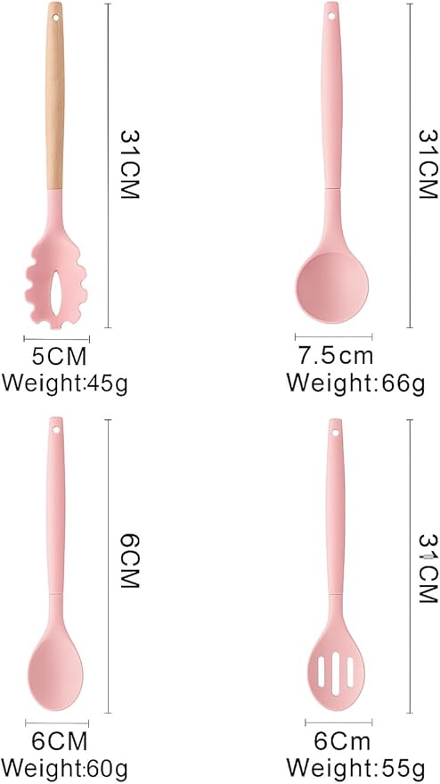 Silicone Cooking Kitchen Utensils Set – BPA‑Free, Non‑Toxic, Non-Stick, Heat‑Resistant to 446 °F, Non‑Scratch Wooden Handles + Utensil Holder (Pink)