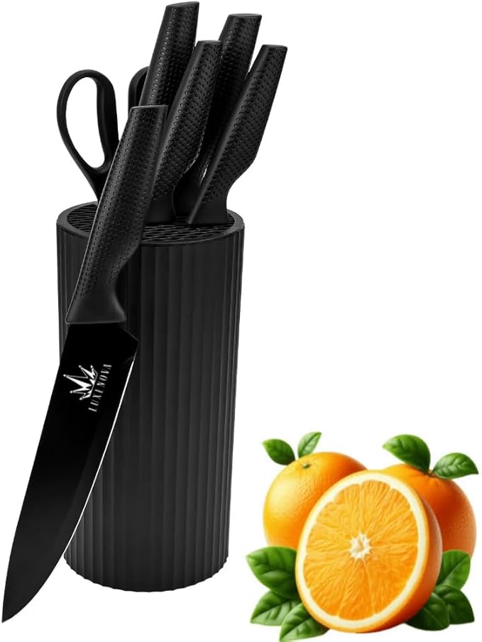 7-Piece Kitchen Knife Set – Ultra Sharp Stainless Steel Knives with Universal Block, 5-Piece Chef Knife Set, Kitchen Scissors – Non-Slip Black Handles, Modern Countertop Set