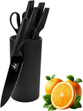 7-Piece Kitchen Knife Set – Ultra Sharp Stainless Steel Knives with Universal Block, 5-Piece Chef Knife Set, Kitchen Scissors – Non-Slip Black Handles, Modern Countertop Set