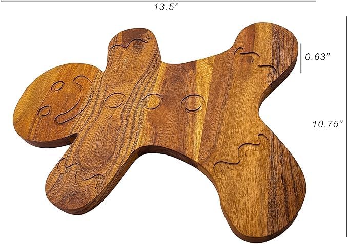 Wood Cutting Chopping Board for Kitchen Christmas Gift Gingerbread Shaped with Grooves, Decorative Wooden Cutting Board for Cheese & Charcuterie.Serving Platter 33.8L x 27.3W cm Brown