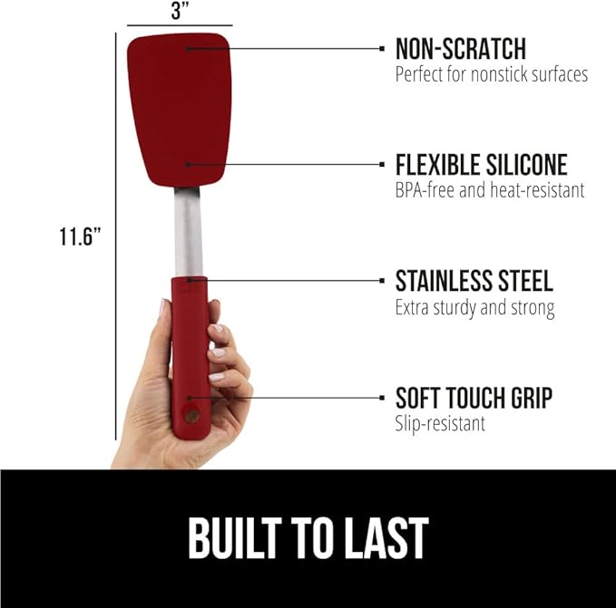 GORILLA GRIP Food Grade Flexible Silicone Spatula, Heat Resistant Head for Nonstick Frying Pan, Patented Soft Rubber Handle for Comfort, Non-Scratch Kitchen Turner, Flip Eggs Burgers, 11.6 in, Red