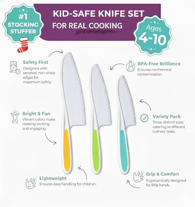 Tovla Jr. Kid Safe Knife Gift Set for Real Cooking | STOCKING STUFFER |Toddler Kitchen Knives | Montessori & STEM Cooking Tools Ages 4–12 | BPA-Free, Dishwasher-Safe | Christmas and Birthday