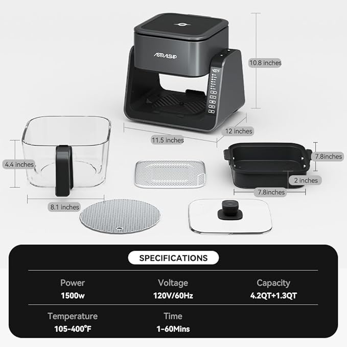 Astralship 2-in-1 Glass Air Fryer & Grill Combo, 4.2 QT + 1.3 QT Capacity, 7 Digital Presets, Small, Non-Toxic See-Through Glass Bowl, Low-Oil Healthy Cooking, Easy to Clean, Multi-Function Design