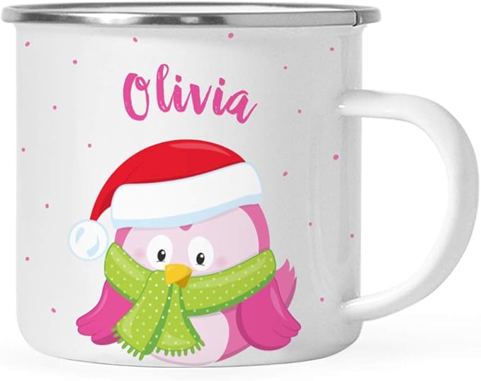 Andaz Press Personalized Name 11oz. Kids Christmas Hot Chocolate Stainless Steel Campfire Coffee Mug, Festive Pink Owl, 1-Pack, Custom Birthday Xmas Cup Hot Chocolate Mugs For Kids Christmas Mugs