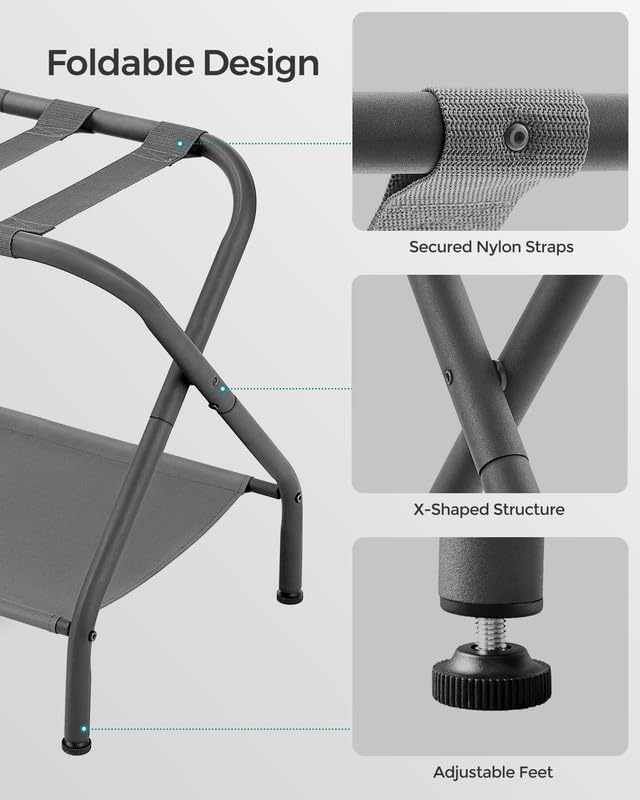 SONGMICS Luggage Rack, Suitcase Stand with Fabric Storage Shelf, for Guest Room, Bedroom, Hotel, Foldable, Holds up to 110 lb, 27.2 x 15 x 20.5 Inches, Slate Gray URLR002G01