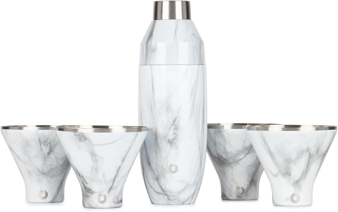 Snowfox Premium Vacuum Insulated Stainless Steel 22oz Cocktail Shaker and 4 Martini Glass Set, Home Bar Accessories, Elegant Drink Mixer, Leak, Proof Lid With Jigger & Built, In Strainer, Marble